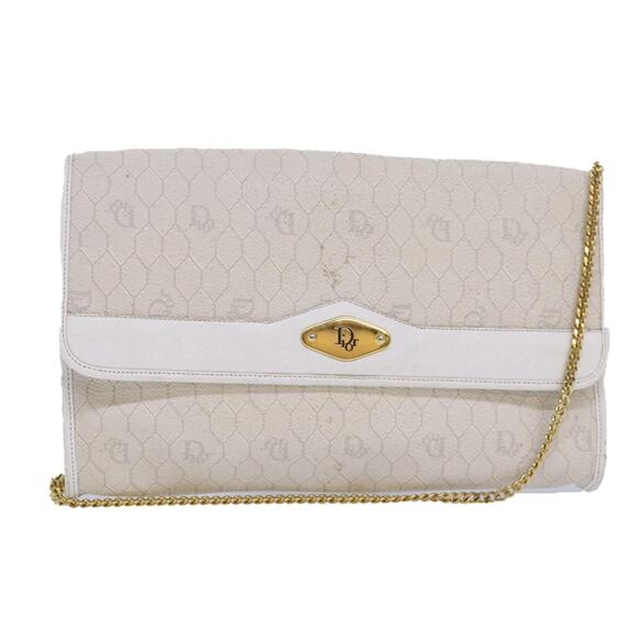 DIOR Honeycomb Canvas Chain Shoulder Bag Pvc Leather White - Picture 1 of 12
